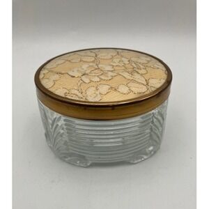Footed Glass‎ Powder/Trinket Jar Lace Lid Vanity Decor Retro 1930's Style